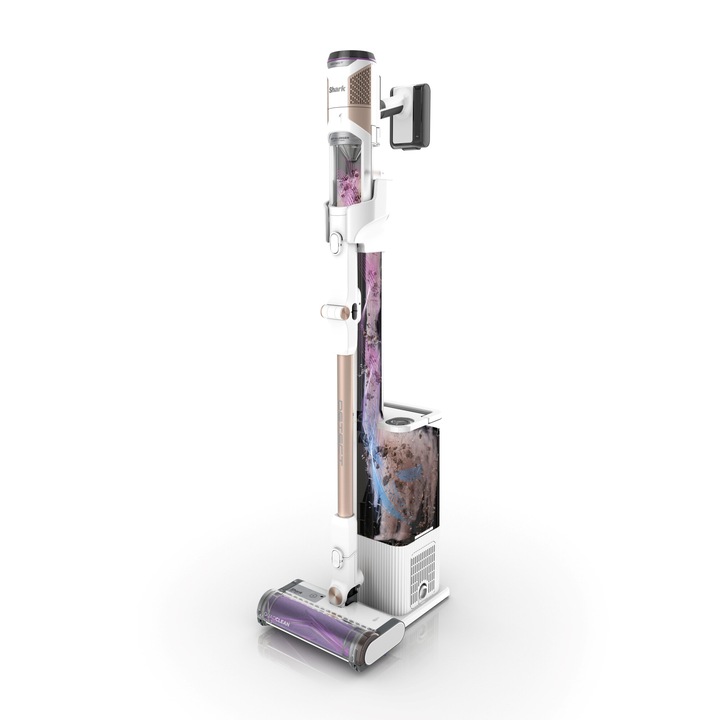 Прахосмукачка без кабел Shark IW3612EU Detect Clean & Empty, Силна всмукателна мощност с DirtDetect технология, Базова станция с автоматично изпразване 2 литра, Автономност 60 минути, 240W, Бял/Златист
