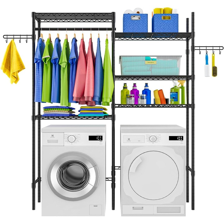 Rafturi Uptyia pentru Camera de Spalat, Raft de Depozitare deasupra Masinii de Spalat si Uscatorului, cu 5 Niveluri Reglabile si Carlige Rotative Dimensiuni: 162x34x197cm, Negru