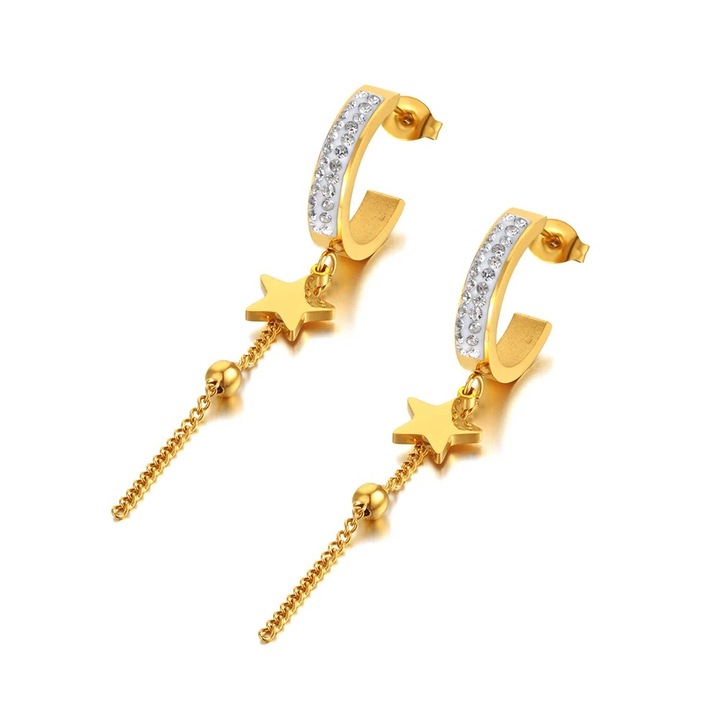Cercei Gatlin, aurii, lungi, din otel inoxidabil placat cu aur 18K, model cu stelute - Colectia Parisian