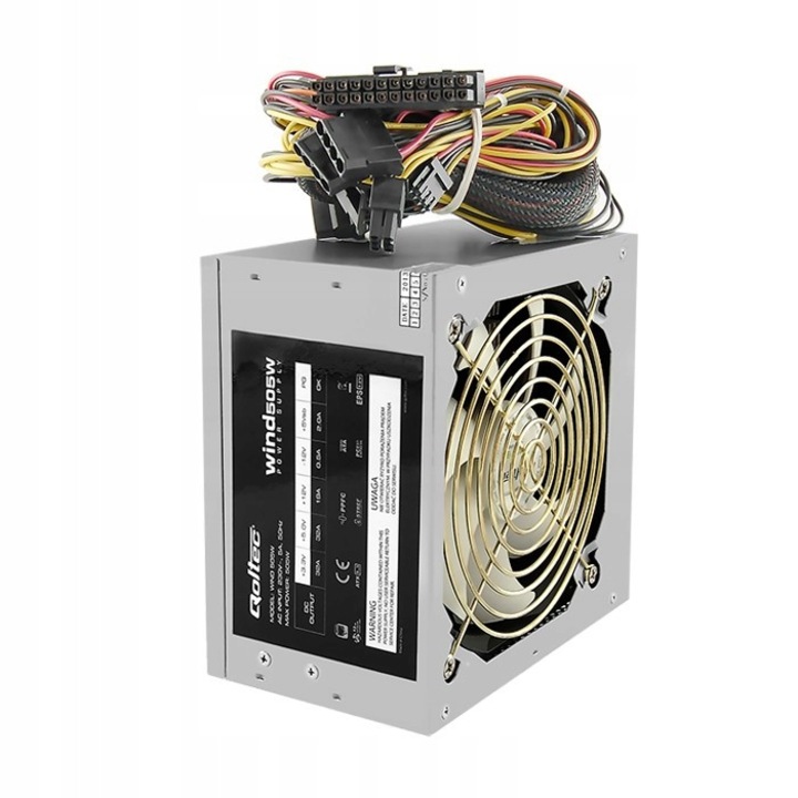 Sursa PC, Qoltec ATX Wind 505W, Functionare Silentioasa Racire Pasiva Tensiune Stabilizata Protectie SCP OVP UVP OTP Ideal Pentru Calculatoare Office Si Home Constructie Rezistenta Fiabilitate 100000h Alimentare Eficienta, Gri