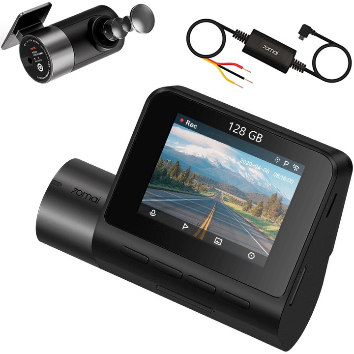 Комплект камера за кола 70mai Dash Cam Pro Plus+ A500S-1MC с памет 128GB, 2.7K, IPS 2.0", GPS, Wi-Fi + Задна камера за кола RC06 + Кабел за кола UP02