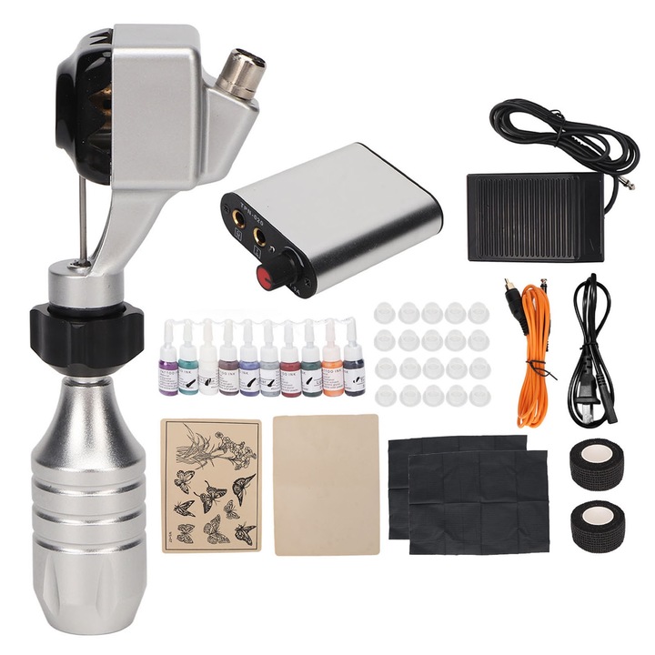 Jormftte Tetoválógép Készlet, Tetováló Toll, Kompakt Tápegység, 10 Színű Festék, Többszínű, 9.7x7x2.5cm