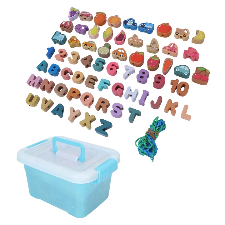 64 darabos fa gyöngy szett, Jormftte, gyümölcs mintás, környezetbarát, oktató játék gyerekeknek