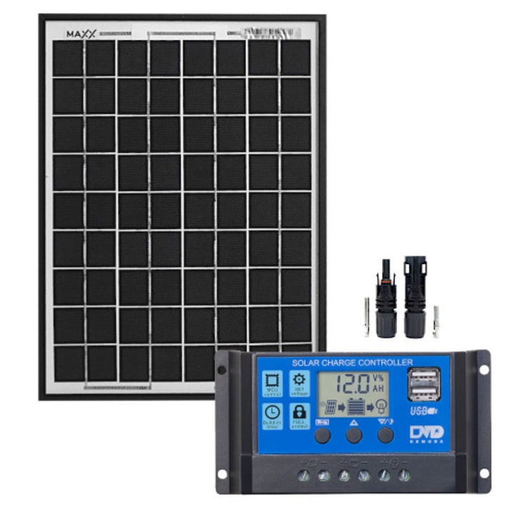 Set solar 10W, Ekowolt, regulator de incarcare PWM 10A, policristalic, compact