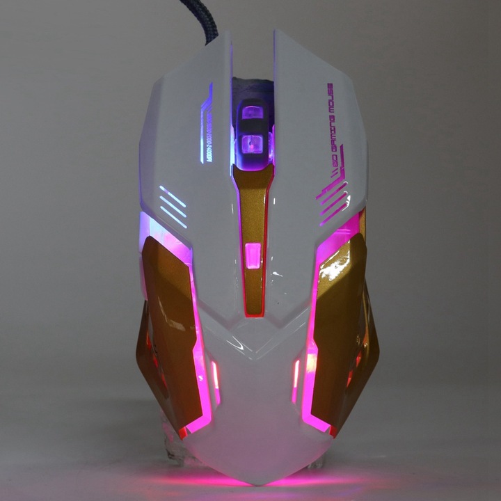 Геймърска мишка с кабел, longziming, 800-2400DPI, осветена, бяла, 6 бутона