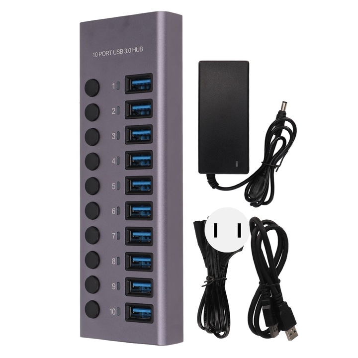 Jormftte USB Hub 10 port, 5 Gbps, alumínium, 15,5x1,9x5,3 cm