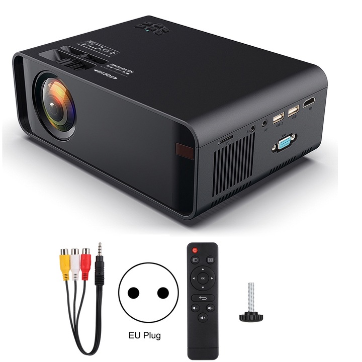 Videoproiector LED Jormftte 1800LM cu suport, rezolutie 1920x1080, proiectie 24-60 inci, culori multiple