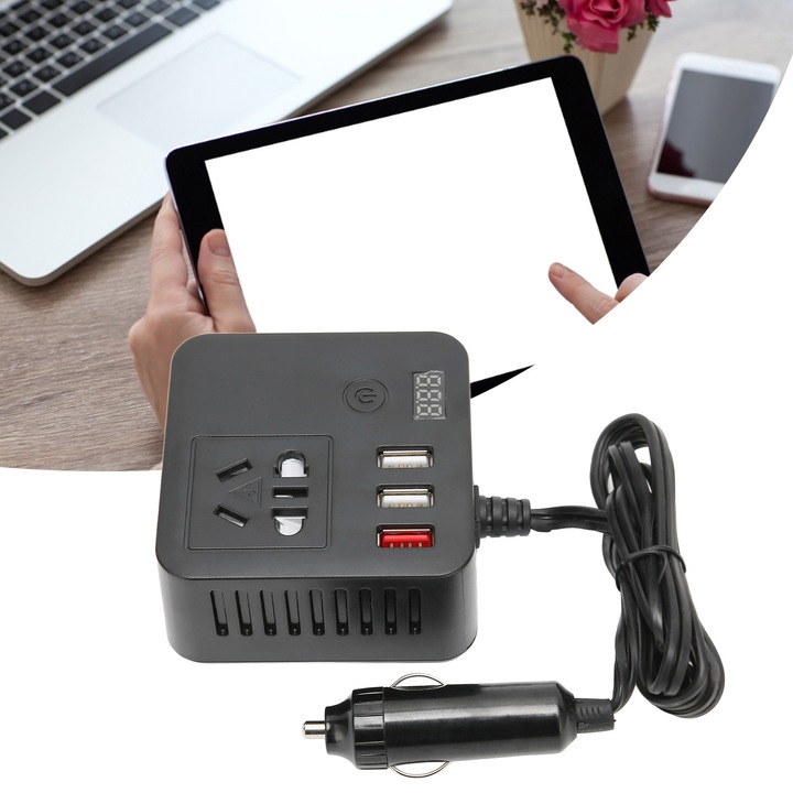 Jormftte 150W autós inverter, 3 USB port, fekete, DC12-24V - AC110-220V