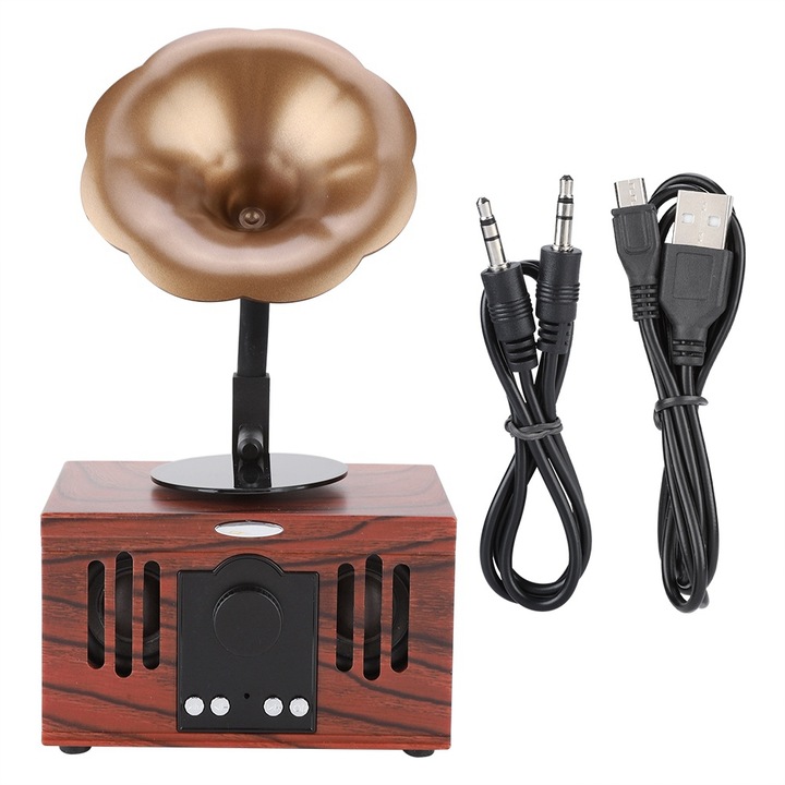 Boxa portabila Bluetooth Jormftte, cu subwoofer, suporta card de memorie, USB, AUX, 1500mAh, aspect lemn galben