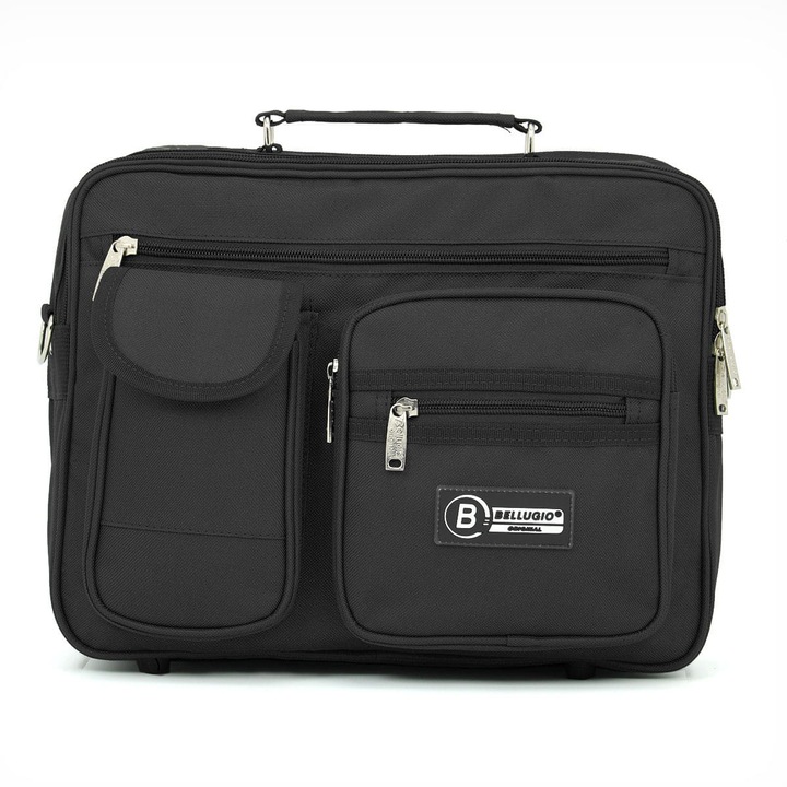 Férfi táska, Bellugio, A4, fekete, nylon, állítható pánt, 33 x 28 x 13 cm