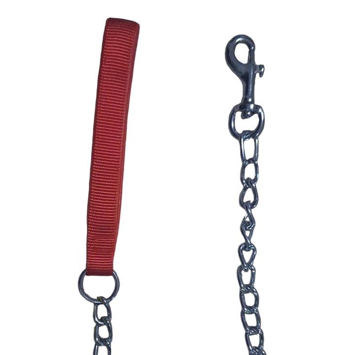 Póráz kis rozsdamentes acél láncszemekkel és piros poliészter fogantyúval, Vision XXI, 120 cm, 2 mm-es láncszemekkel
