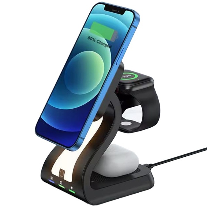 Mágneses állvány 3 az 1-ben lámpával, vezeték nélküli töltés 15 W, G-A31 modell, fekete