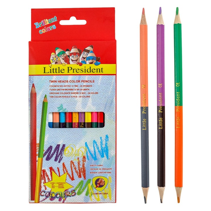 Set Creioane Colorate Subtiri Duble Little President - 12buc