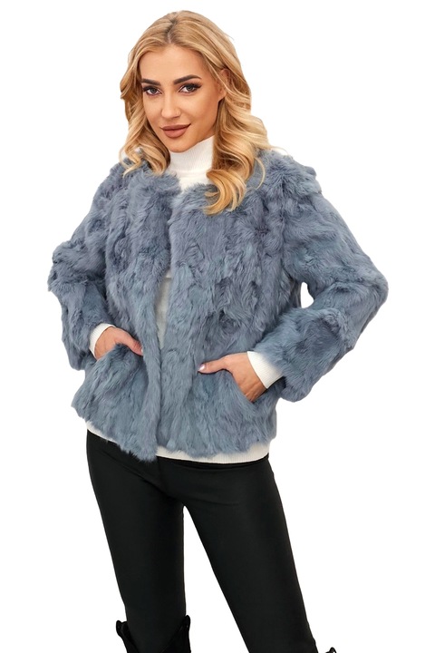 Jacheta Lea Bliss cu maneca lunga, din blana naturala de iepure, Albastru, Marime universala S/M, FashionForYou