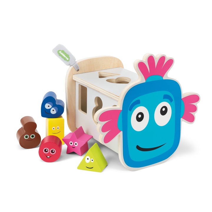 Дървен сортер Micki, 6 геометрични фигури, весели цветове, 30x30см