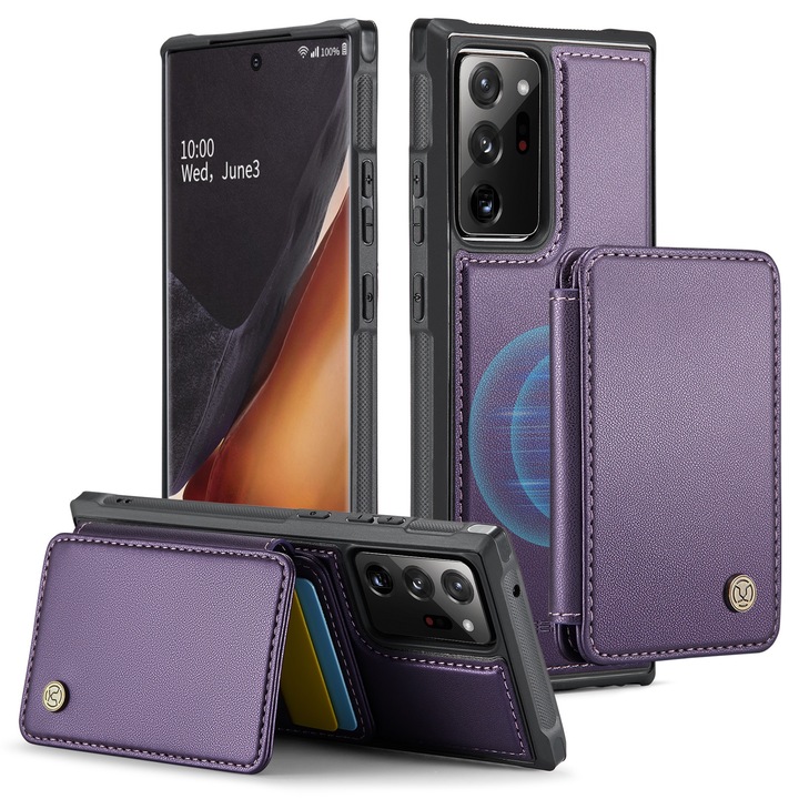 Калъф за Samsung Galaxy Note 20 Ultra, CaseMe, мека текстурирана кожа с мек захват, заден капак, свалящ се магнитен мини портфейл, слот за карти, функция за стойка, RFID защита, Лилаво