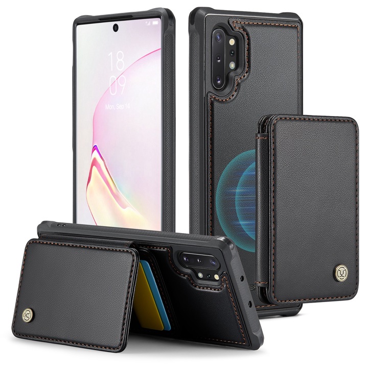 Калъф за Samsung Galaxy Note 10 Plus, CaseMe, мека текстурирана кожа с мек захват, заден капак, свалящ се магнитен мини портфейл, слот за карти, функция за стойка, RFID защита, Черно