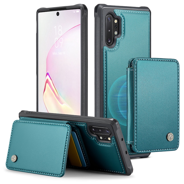 Калъф за Samsung Galaxy Note 10 Plus, CaseMe, мека текстурирана кожа с мек захват, заден капак, свалящ се магнитен мини портфейл, слот за карти, функция за стойка, RFID защита, Зелено