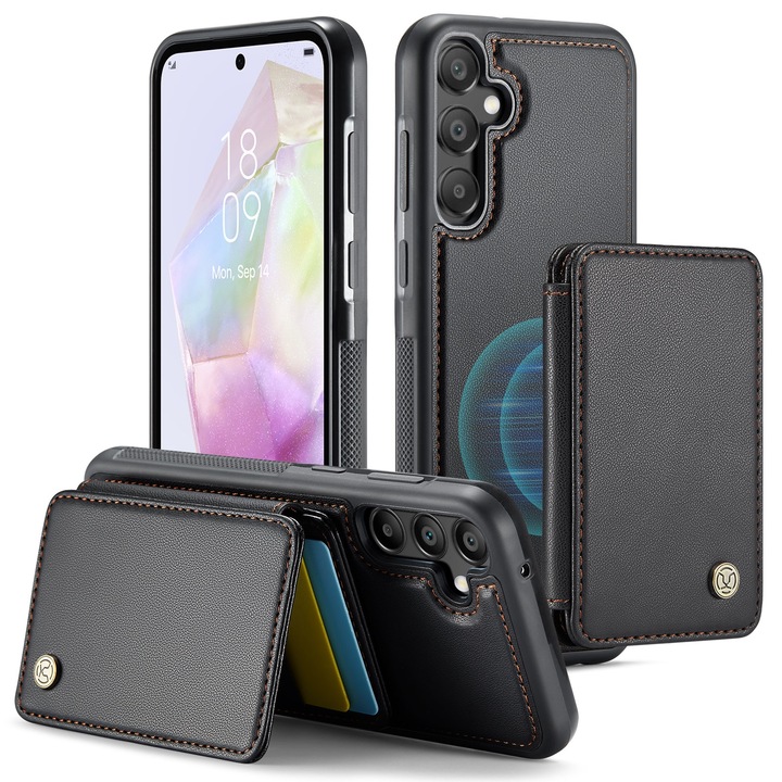 Калъф за Samsung Galaxy A56, CaseMe, мека текстурирана кожа с мек захват, заден капак, свалящ се магнитен мини портфейл, слот за карти, функция за стойка, RFID защита, Черно