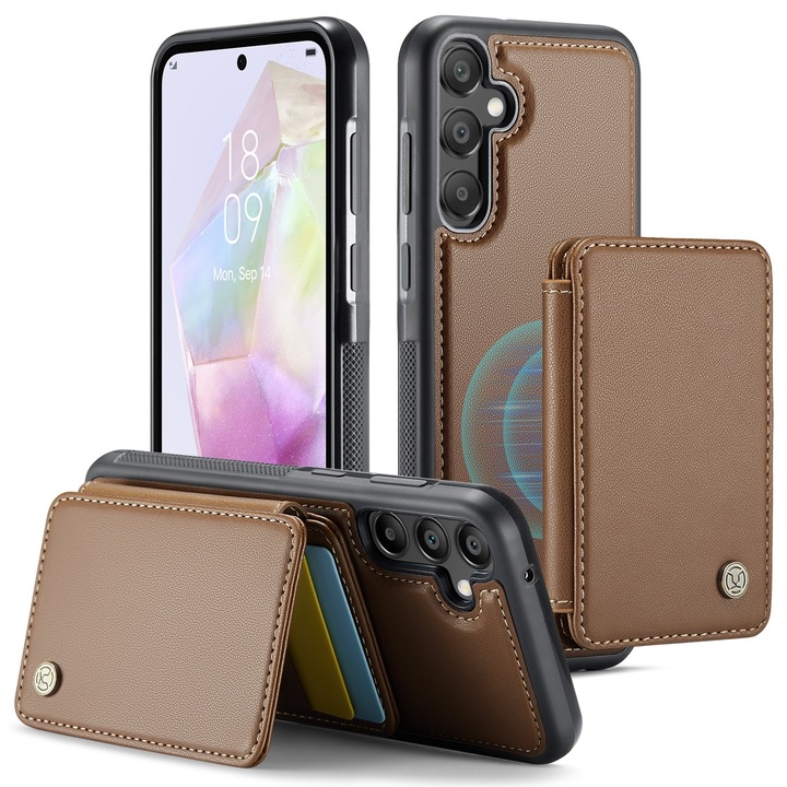 Samsung Galaxy A56 készülékkel kompatibilis tok, puha textúrájú bőr, puha tapadással, hátlapi borítás, levehető mágneses mini pénztárca, kártyafoglalat, állvány funkció, RFID védelem, Barna