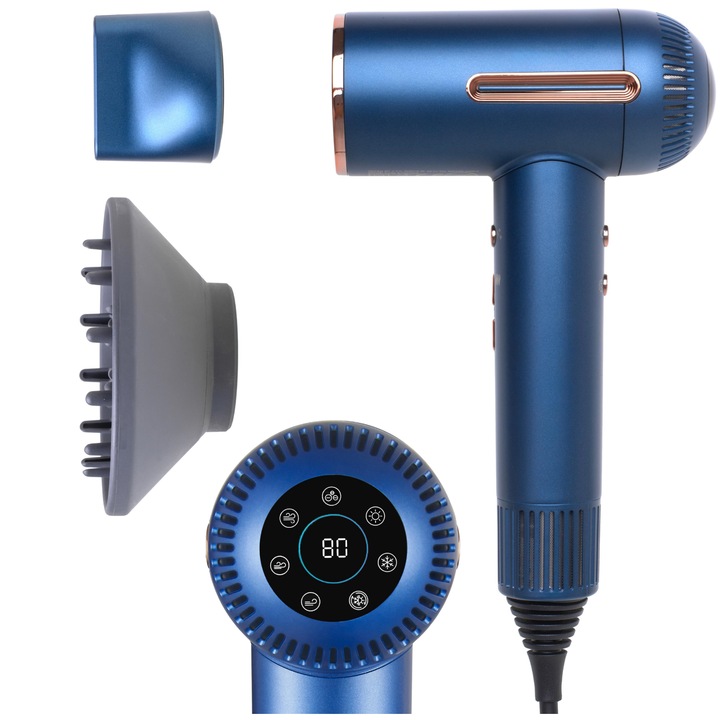 Uscator de par, Adler, cu motor fara perii, afisaj cu LED, 6 setari de temperatura, 3 niveluri de putere de suflare, 110000 rpm, 1500W, albastru marin