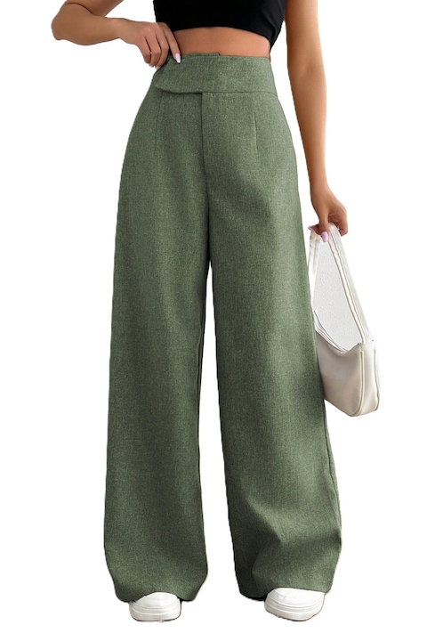 Pantaloni Dama, Cu Talie Asimetrica Si Croiala Larga, Casual, Verde