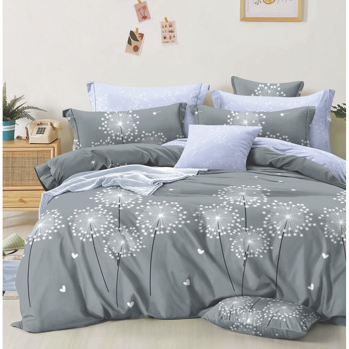 Set Lenjerie de pat dublu, 2 persoane, Pucioasa, Bumbac, Finet, 6 Piese, Cearceaf de pat 245 x 250 cm, Cearceaf pilota 200 x 230 cm, 2 fete de perna 70 x 70 cm, 2 fete de perna 55 x 80 cm, Gri, Doua fete, Model Floral, PUC-0145