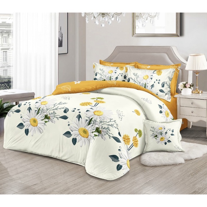 Set Lenjerie de pat dublu, 2 persoane, Pucioasa, Bumbac, Finet, 6 Piese, Cearceaf de pat 245 x 250 cm, Cearceaf pilota 200 x 230 cm, 2 fete de perna 70 x 70 cm, 2 fete de perna 55 x 80 cm, Alb/Bleumarin Doua fete, Model Fluturasi PUC-0137Set Lenjerie de p