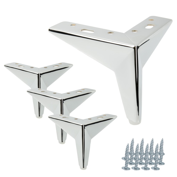 Set 4 picioare metalice B&B, cromat, 10cm, pentru mobilier