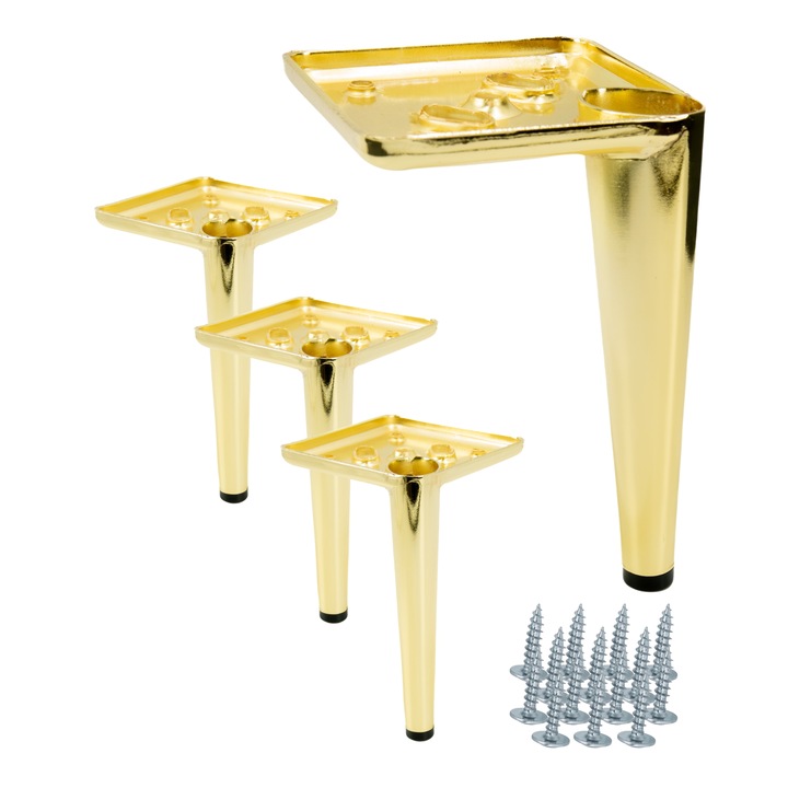 Set 4 picioare metalice B&B, auriu cromat, inaltime 15cm, include 16 suruburi