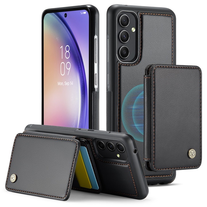 Калъф за Samsung Galaxy A54, CaseMe, мека текстурирана кожа с мек захват, заден капак, свалящ се магнитен мини портфейл, слот за карти, функция за стойка, RFID защита, Черно
