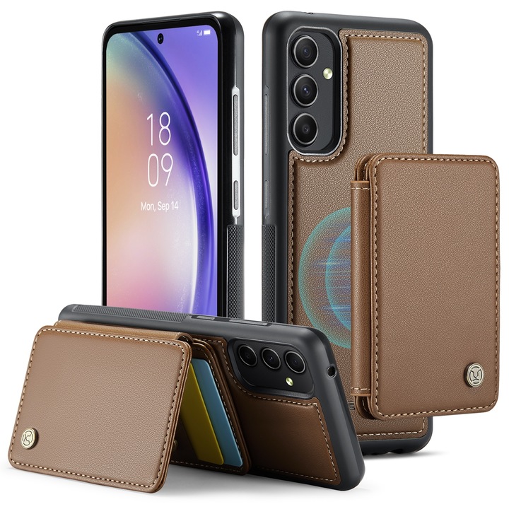 Калъф за Samsung Galaxy A54, CaseMe, мека текстурирана кожа с мек захват, заден капак, свалящ се магнитен мини портфейл, слот за карти, функция за стойка, RFID защита, кафяво