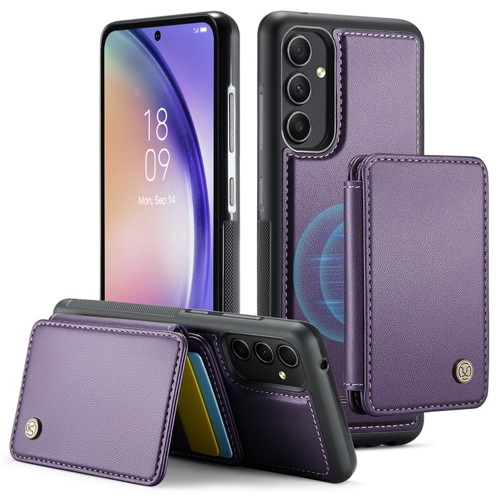 Husa pentru Samsung Galaxy A54, CaseMe, piele cu textura moale si aderenta in mana, back cover, mini portofel magnetic detasabil, slot carduri, functie stand, protectie RFID, Mov