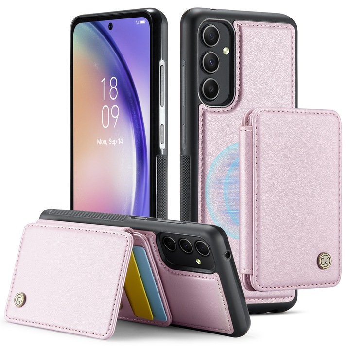 Калъф за Samsung Galaxy A54, CaseMe, мека текстурирана кожа с мек захват, заден капак, свалящ се магнитен мини портфейл, слот за карти, функция за стойка, RFID защита, Розов