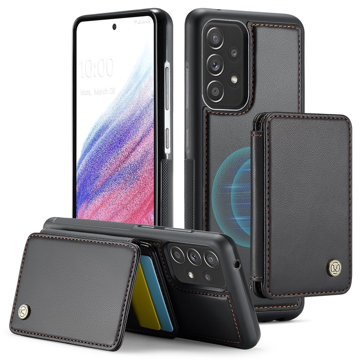 Калъф за Samsung Galaxy A53, CaseMe, мека текстурирана кожа с мек захват, заден капак, свалящ се магнитен мини портфейл, слот за карти, функция за стойка, RFID защита, Черно