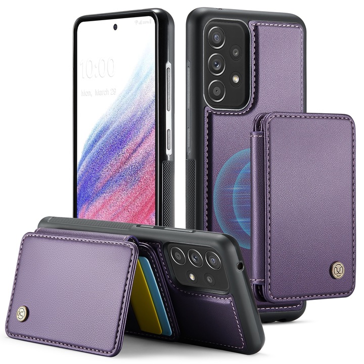 Калъф за Samsung Galaxy A53, CaseMe, кожа с мека текстура и удобно захващане в ръката, заден капак, свалящ се магнитен мини портфейл, слот за карти, функция стойка, RFID защита, лилав