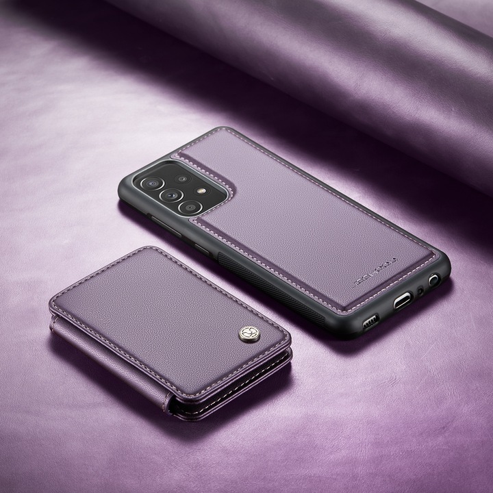 Tok Samsung Galaxy A52 4G, A52 5G, A52s készülékhez, CaseMe, puha textúrájú bőr, jó fogás, hátlap, levehető mágneses mini pénztárca, kártyatartó, állvány funkció, RFID védelem, Lila