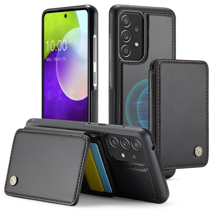 Tok Samsung Galaxy A52 4G, A52 5G, A52s, CaseMe, puha textúrájú és tapadású bőr, hátlap, levehető mágneses mini pénztárca, kártyahely, állvány funkció, RFID védelem, fekete
