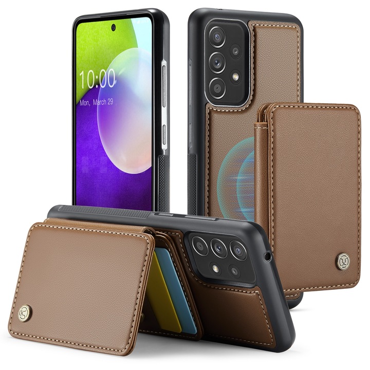 Husa pentru Samsung Galaxy A52 4G, A52 5G, A52s, CaseMe, piele cu textura moale si aderenta in mana, back cover, mini portofel magnetic detasabil, slot carduri, functie stand, protectie RFID, Maro