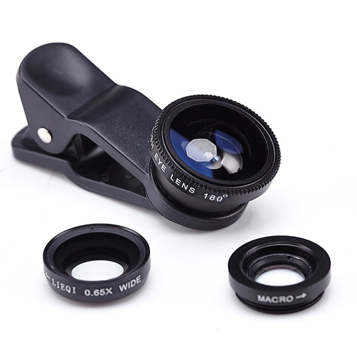 Kit Lentile Foto 3-in-1 Fisheye, Wide Angle si Macro pentru telefon/tableta, LRTM, Negru