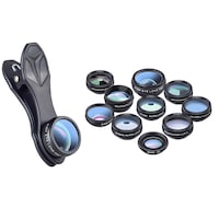 Set lentile 10in1 profesionale pentru telefoane si tablete - 10 in 1 Fisheye, Macro 15x, Wide, Telescope 2x, Kaleidoscope, CPL, Flow, Radial, Star, cu clip universal