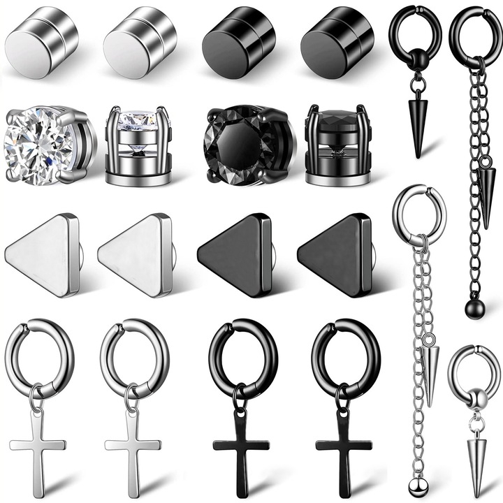Set 10 perechi de cercei magnetici Bghyhyhi, Inox, 6mm, negru/argintiu