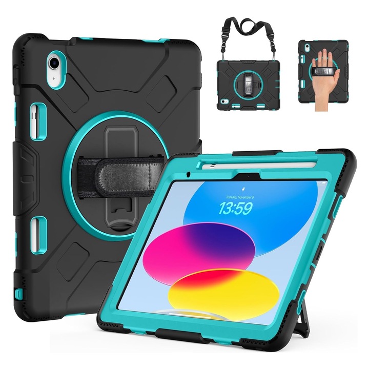 Калъф за таблет, SINBINTA, С каишка, Съвместим с ipad 10th Generation 2022, 10.9'', Държач за писалка, въртене на 360 градуса, Многоъгълна опора, Антишок, Лесен за инсталиране, Преносим, Ергономичен дизайн, PC/Силикон, Зелен