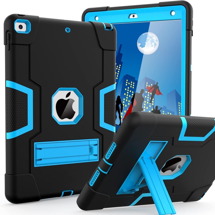 Калъф за таблет, SINBINTA, Съвместим с ipad 7-мо/8-мо/9-то поколение 2019/2020/2021, 10.2'', Ъглова опора, Антишок, Лесен за инсталиране, Преносим, Ергономичен дизайн, PC/Силикон, Черен/Син