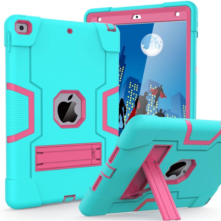 Калъф за таблет, SINBINTA, Съвместим с ipad 7-мо/8-мо/9-то поколение 2019/2020/2021, 10.2'', Ъглова опора, Антишок, Лесен за инсталиране, Преносим, Ергономичен дизайн, PC/Силикон, Зелен/Червен