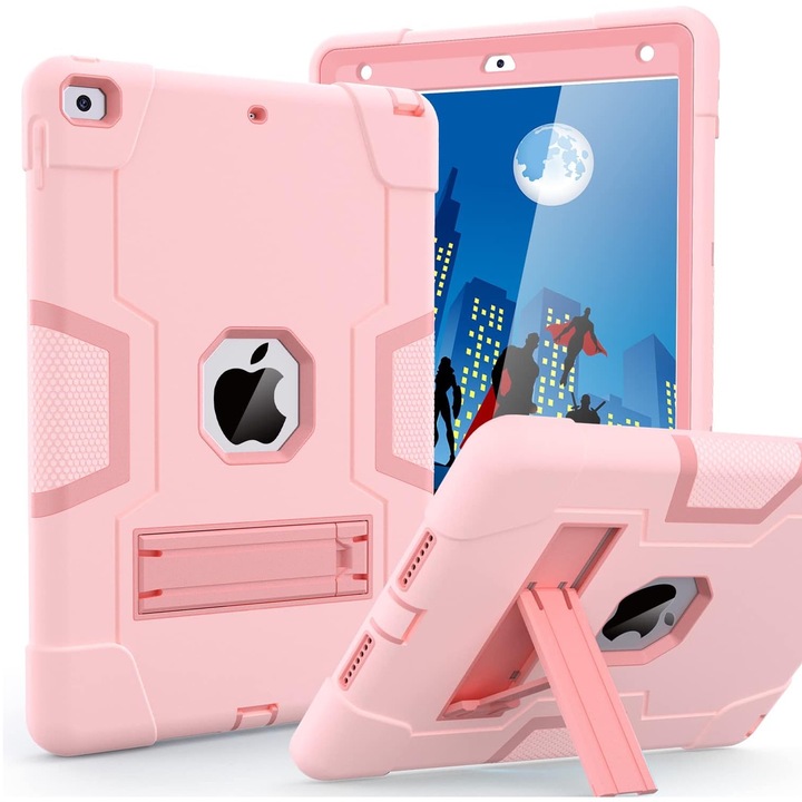 Калъф за таблет, SINBINTA, Съвместим с ipad 7-мо/8-мо/9-то поколение 2019/2020/2021, 10.2'', Ъглова опора, Антишок, Лесен за инсталиране, Преносим, Ергономичен дизайн, PC/Силикон, Розово злато