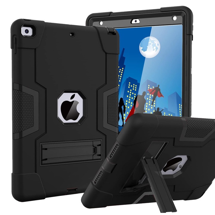 Калъф за таблет, SINBINTA, Съвместим с ipad 7-мо/8-мо/9-то поколение 2019/2020/2021, 10.2'', Ъглова опора, Противоударен, Лесен за инсталиране, Преносим, Ергономичен дизайн, PC/Силикон, Черен