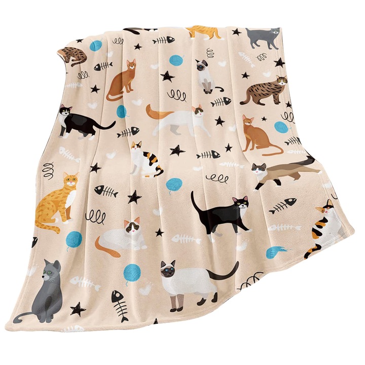 Patura flanel moale pentru iubitori de pisici, 127x152cm, multicolor