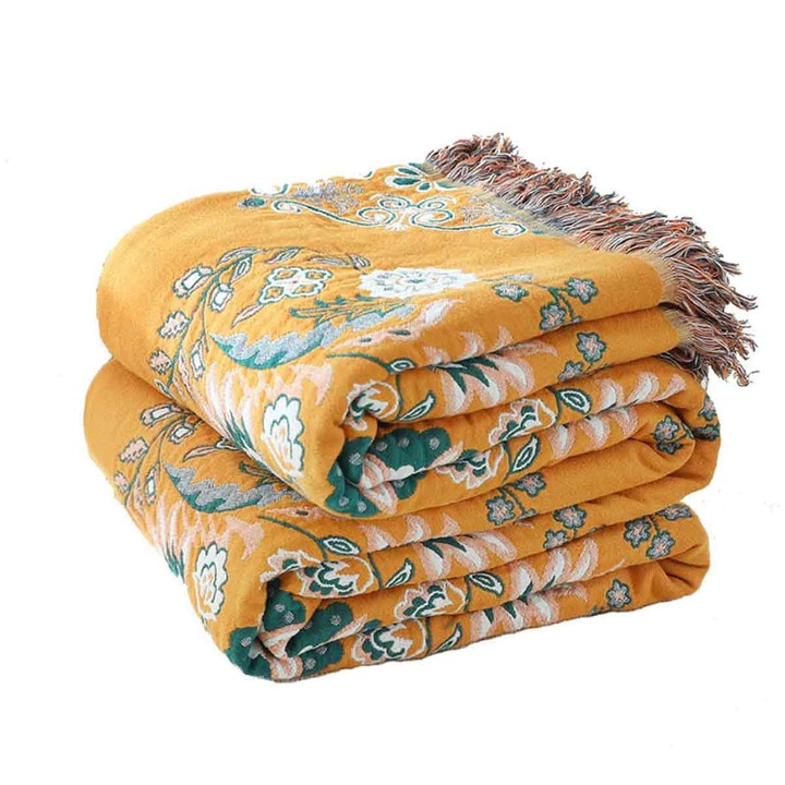 Cuvertura cu ciucuri pentru canapea, BGHYHYHI, bumbac, reversibila, galbena, 150x200cm