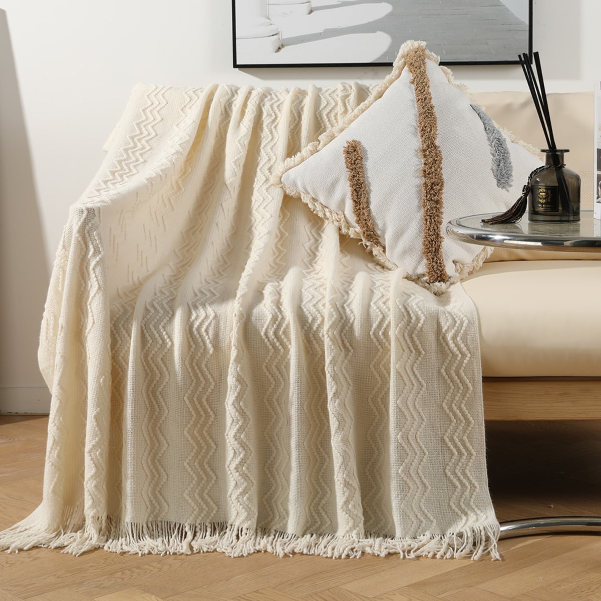 Cuvertura de canapea BGHYHYHI, 127x152cm, kaki, design tricotat cu
